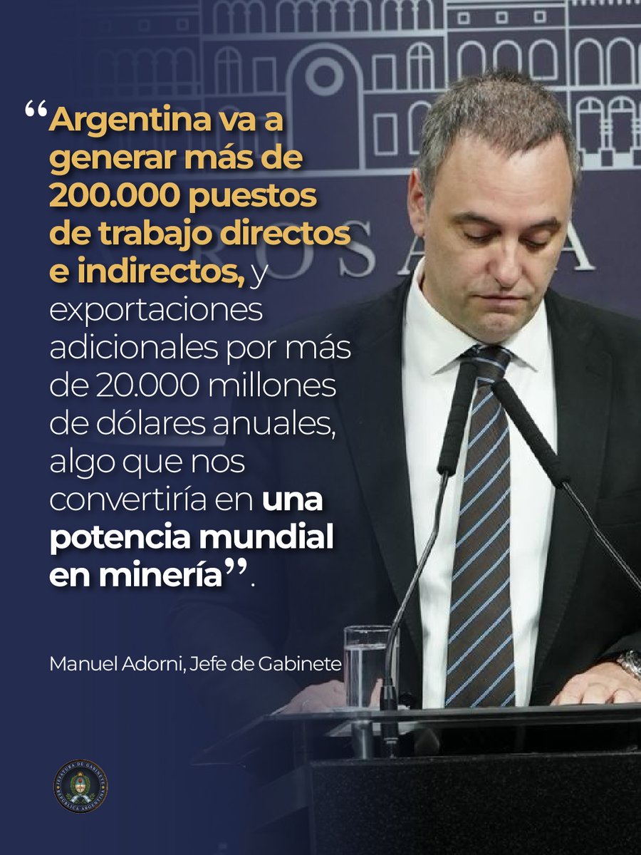 El Jefe de Gabinete, Manuel Adorni sobre la Ley de Glaciares: “Para tomar dimensión sobre el impacto de esta ley, Argentina va a generar más de 200.000 puestos de trabajo directos e indirectos, y exportaciones adicionales por más de 20.000 millones de dólares anuales, algo que