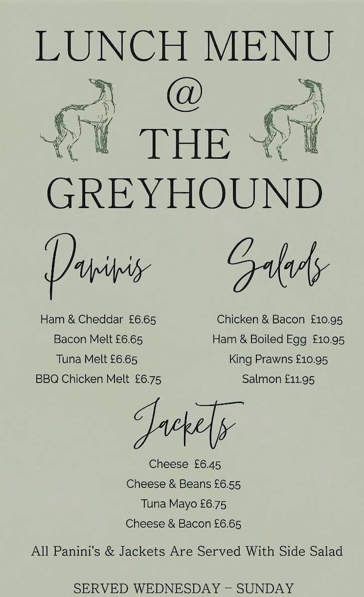 TheGreyhounduk's tweet photo. Now Available at The Greyhound
We’re excited to share our new Lunch Menu &amp; Main Menu — packed with delicious favourites, hearty classics, lighter bites, and tasty desserts for every appetite!  Please note Our Kitchen is closed on Mondays &amp; Tuesdays.Our Lunch Menu is only till 3pm https://t.co/tnfycUsex2