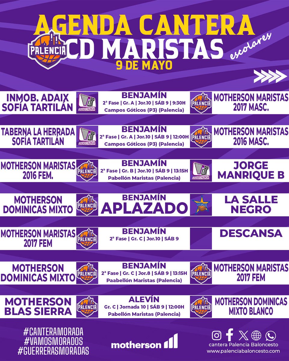 PBcantera's tweet photo. #AgendaMorada | #LigaPalentinaEscolar

💜 Por cortesía de #Motherson os ofrecemos los partidos de la #CanteraMorada de esta jornada

#CDMaristas
#VamosMorados
#GuerrerasMoradas https://t.co/qupNTx3dBS