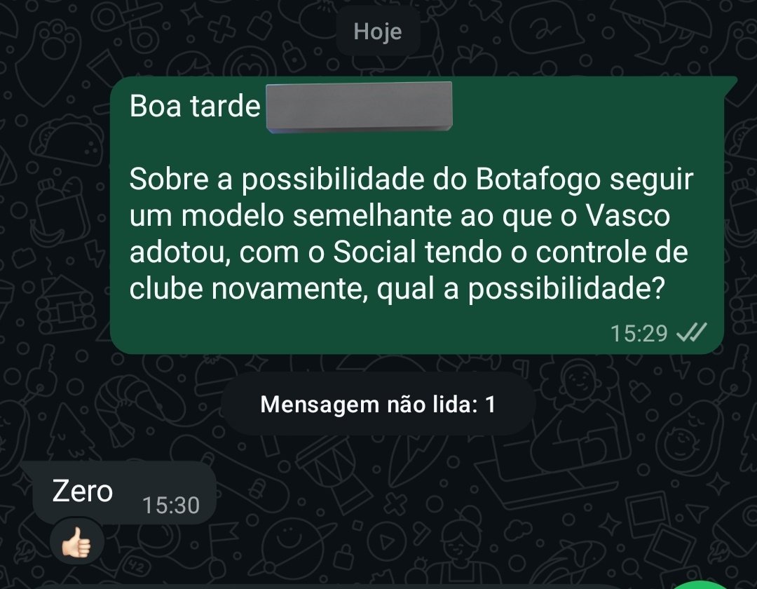 "Chance zero"

Sobre a possibilidade do associativo do Botafogo ter o controle do clube, semelhante ao que o Vasco tem.

Apuração  🫱🏻🫲🏻 <a href="/GeralAlvinegros/">✮ ✪ Geraldinos Alvinegros ≛≣ 彡</a>