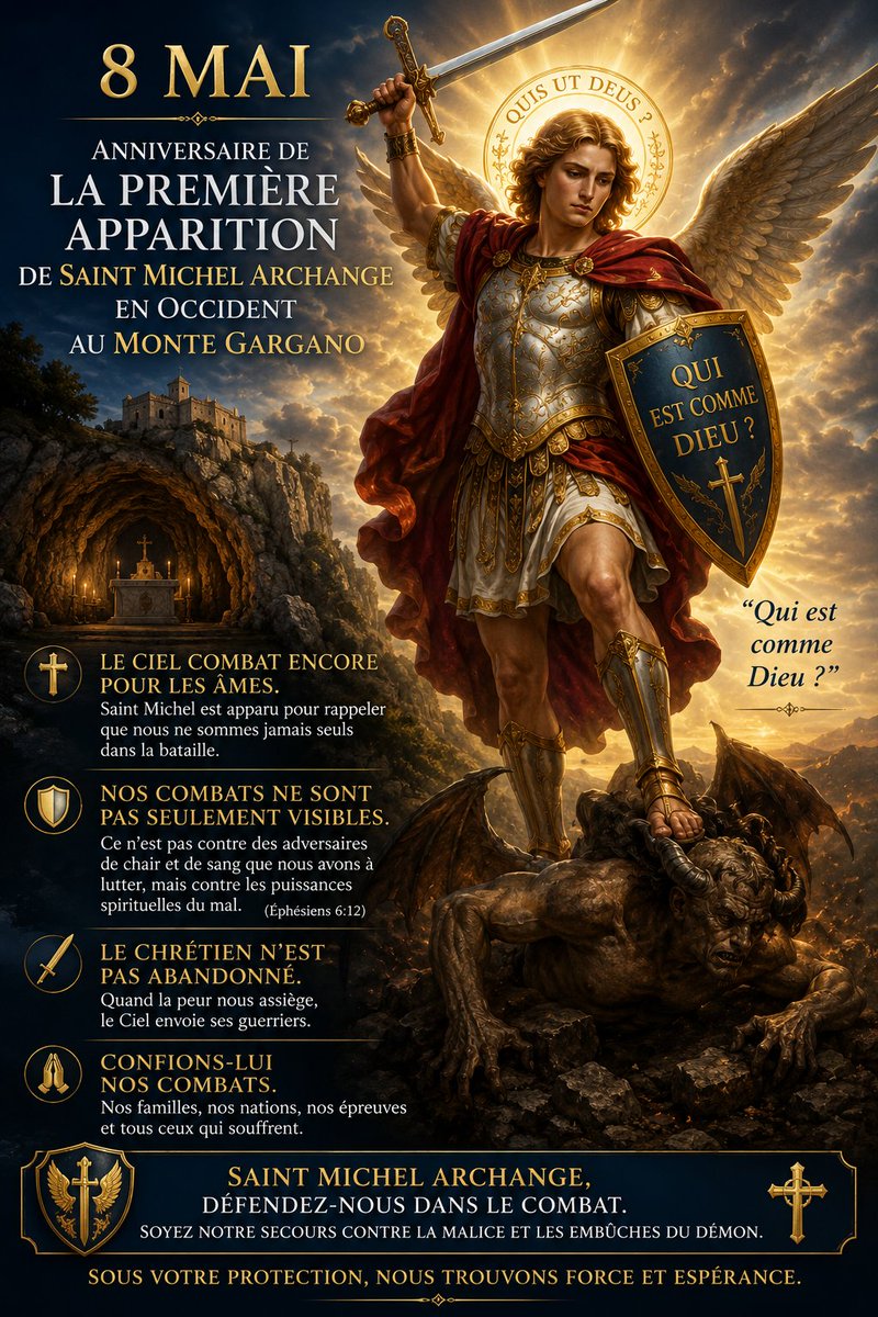 ✨Aujourd’hui, 8 mai, nous célébrons la première apparition de saint Michel Archange en Occident, au Monte Gargano, en Italie.

#SaintMichel #MonteGargano #ArchangeMichel #Foi #CombatSpirituel #catholique #Espérance #JesusChrist #Prière #Ciel #VictoireDeDieu #Chrétiens
#Occident