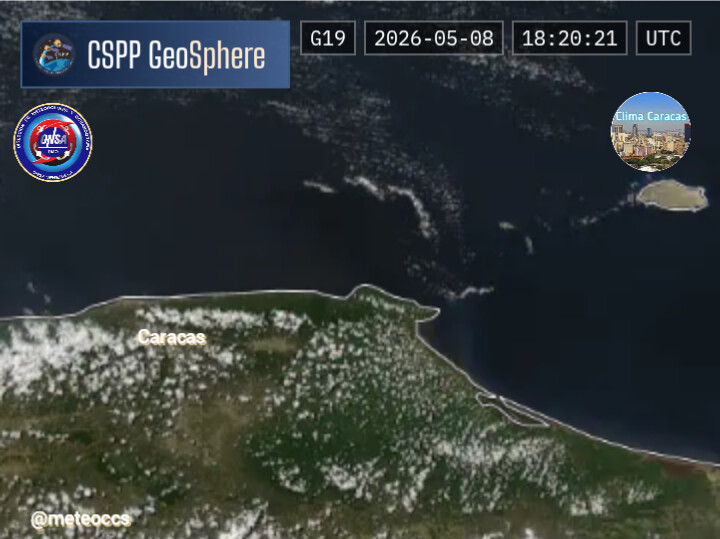 meteoccs's tweet photo. #08May | 14:44 HLV.
La Gran Caracas a esta hora, en Imagen satelital del GOES 19, presentando cielos mayormente despejados. Pocas nubes sobre la cordillera de la costa y al oeste de La Guaira. https://t.co/bRtqO7GZh0