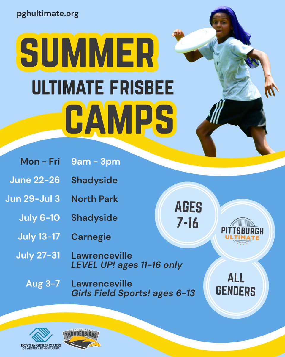 pghultimate's tweet photo. Summer camps are coming up! Register your child for a week-long day camp in Carnegie, Lawrenceville, Shadyside, or North Park. 

Ultimate frisbee teaches kids how to work as a team &amp; communicate under pressure, &amp; increases coordination &amp; athleticism!

https://t.co/1qQbk0oBV7 https://t.co/fzPvZ699dL