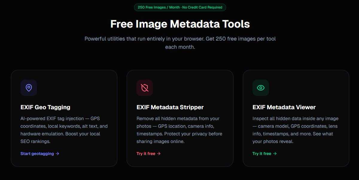 SureFireStudio's tweet photo. GeoTagAI just added NEW free tools 👀

📍 EXIF Metadata Viewer
See everything hidden inside your photos:
• GPS coordinates
• Camera model
• Timestamps
• Software used
• Lens info
• More

🧹 EXIF Metadata Stripper
Remove hidden metadata instantly.
⚡ Browser-based
🔒 Privacy-focused
🚫 No uploads required

Try them free:
https://t.co/l5TU6awWsv

#SEO #Privacy #EXIF #Photography #AI