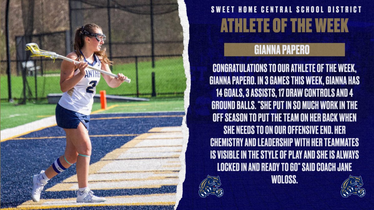 SHCSDAthletics's tweet photo. Congratulations to our Athlete of the Week, Gianna Papero. With 14-goals, 3-assists, 17-draw controls and 4 ground balls in just three games this week, Gianna continues to put the team on her back when they need her most. Great job Gianna! @SHGirlsLax1 https://t.co/EzQ16nwTCA