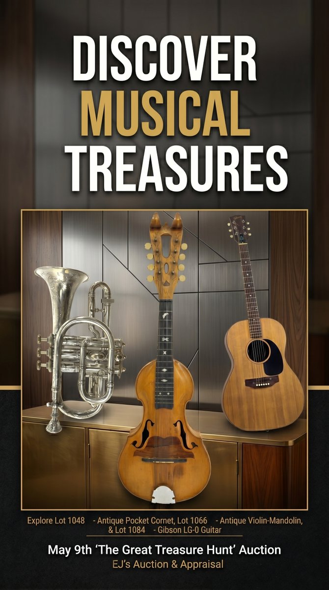 EJs_Auction's tweet photo. Turn up the volume on your collection! 🎶 From a rare 1896 Violin-Mandolin to a classic '60s Gibson LG-0 and an antique Pocket Cornet, we’re auctioning off incredible pieces of music history. 🎺🎸

Join 'The Great Treasure Hunt' this Saturday!

🗓 May 9th 📍 Glendale, AZ https://t.co/1JwxvtAgFY
