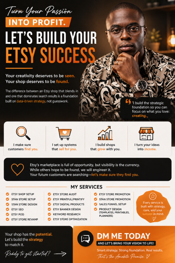 TheAmobyth's tweet photo. From full shop setup to product listings that act like 24/7 sales agents, I handle the technical and strategic work so you can focus on what you love: creating.

Whether it’s #EtsySEO, shop revamps, #PrintOnDemand, Stan Store setup, or sales funnels! https://t.co/FUJI7QG5Vf