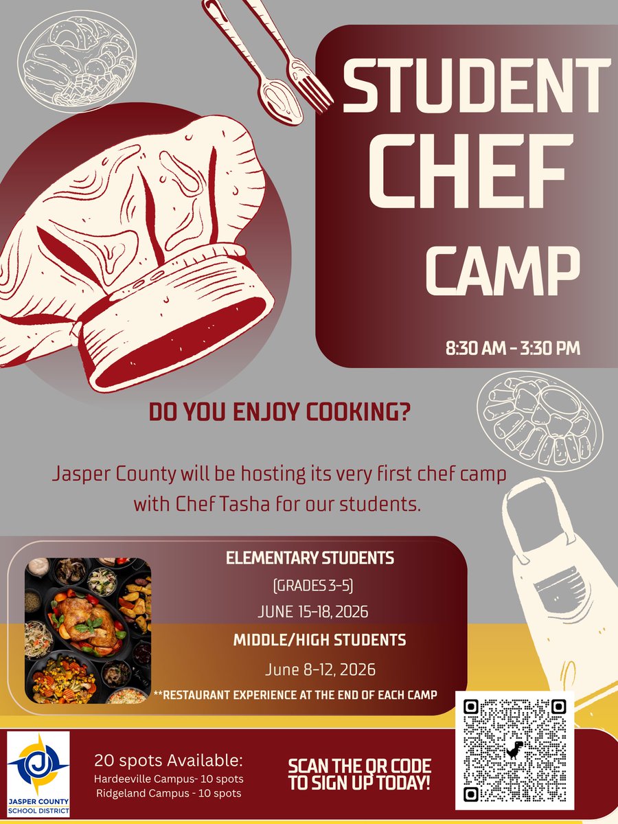 JCSD_SC's tweet photo. 👨‍🍳🍽️ Calling All Future Chefs! 🍽️👩‍🍳

Jasper County School District is excited to host its very first Student Chef Camp with Chef Tasha this summer! Students will have the opportunity to explore their passion for cooking, learn hands-on culinary ski https://t.co/7NJ3kJSkEk