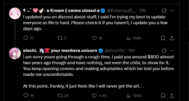 Transparency Registry Update 📢 please ♡︎/⟳
Account :<a href="/Kreampuff__/">୧ ‧₊˚ 🩷🪽⋅ ʚ Kream || cmms closed ɞ</a>
Reported  :  Conduct Concerns, Overdue Comms 
Currently Sells on:  VGEN / Twitter / Kofi
The List -> tinyurl.com/EAHaccounts 
 *Documentation only. Not a legal determination. No harassment.*
