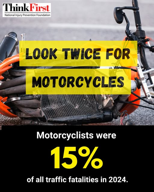 ThinkFirstFndt's tweet photo. 🏍️ May is Motorcycle Safety Awareness Month 🖤As the weather gets warmer, more motorcycles are back on the road. 
Take an extra second to look twice, check your blind spots, and share the road https://t.co/J7I8lF4niP are smaller and easier to miss — but every rider is someone’s family, friend, parent, or child.
Drivers and riders both play a role in keeping our roads safe. Stay alert. Stay focused. Save lives.#MotorcycleAwarenessMonth #LookTwiceSaveALife #ShareTheRoad #DriveSafe #MotorcycleSafety #RideSafe #TrafficSafety #ThinkFirst