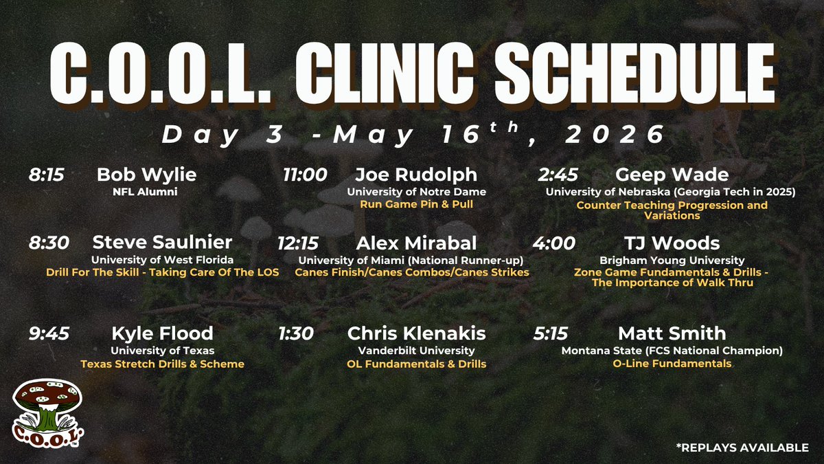 thecoolclinic's tweet photo. The schedule is here.

Three days.
NFL coaches.
College coaches.
Championship-level OL teachers.

Run game.
Protection.
Fundamentals.
Drill work.
Technique.

The 43rd Annual C.O.O.L. Clinic starts May 14.

We'll see you inside. https://t.co/nUonkPHOq9