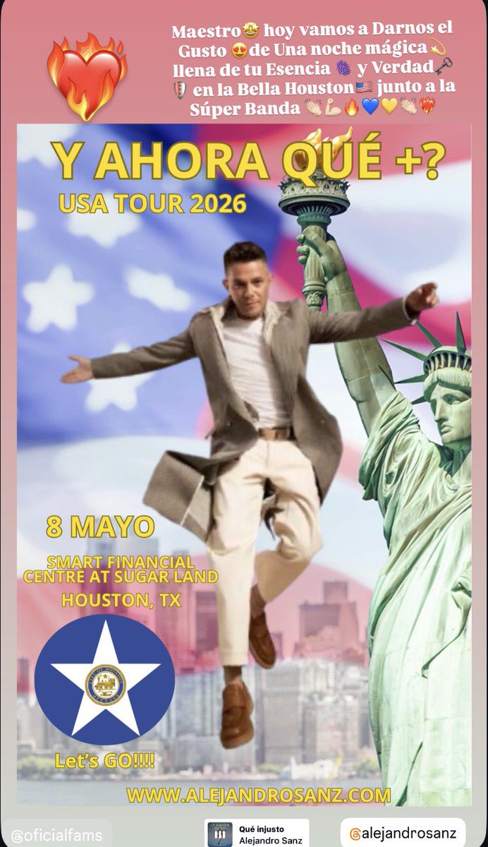 Maestro🤩 hoy vamos a Darnos el
Gusto😍de Una noche mágica💫 Ilena de tu Esencia🫆y Verdad🗝️🛡️en la Bella Houston🇺🇸 junto a la Súper Banda👏🏻💪🏻🔥💙💛🫶❤️‍🔥
Feliz finde Sanzero <a href="/AlejandroSanz/">Alejandro Sanz</a> 

 instagram.com/stories/raquel…