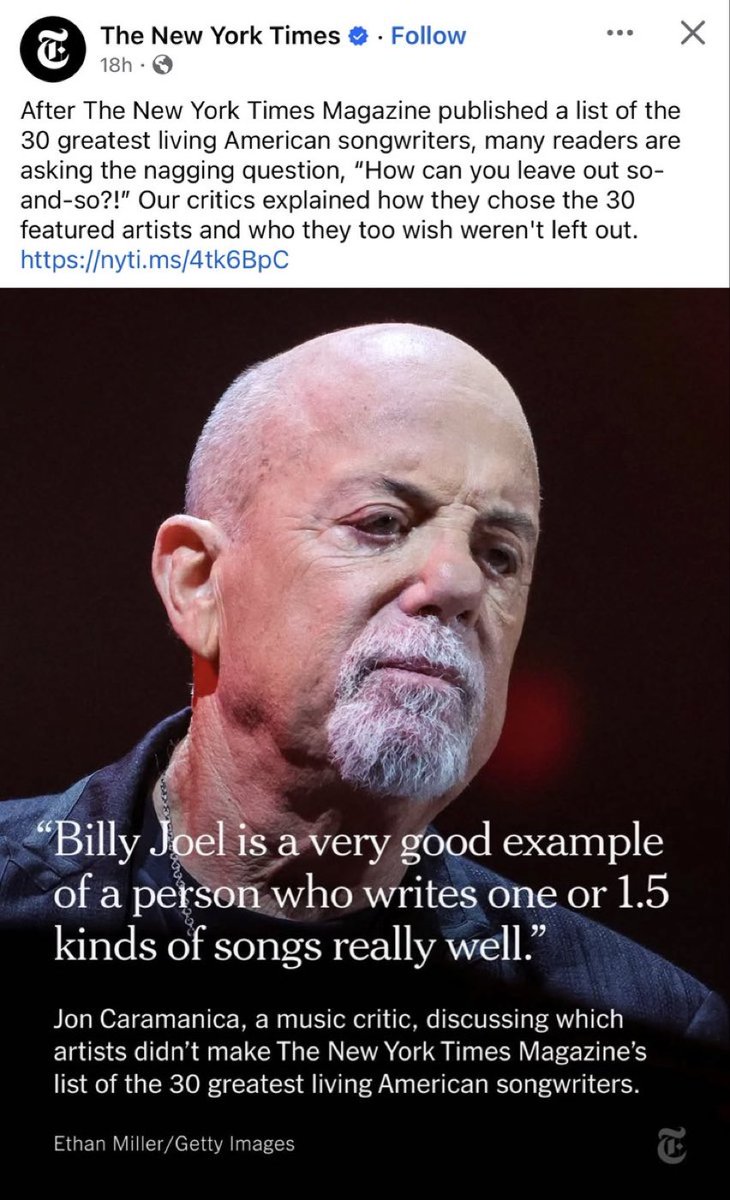 The idea that Bad Bunny and Kendrick Lamar are better songwriters than Billy Joel is the stupidest thing I’ve ever heard.

nytimes.com/interactive/20…