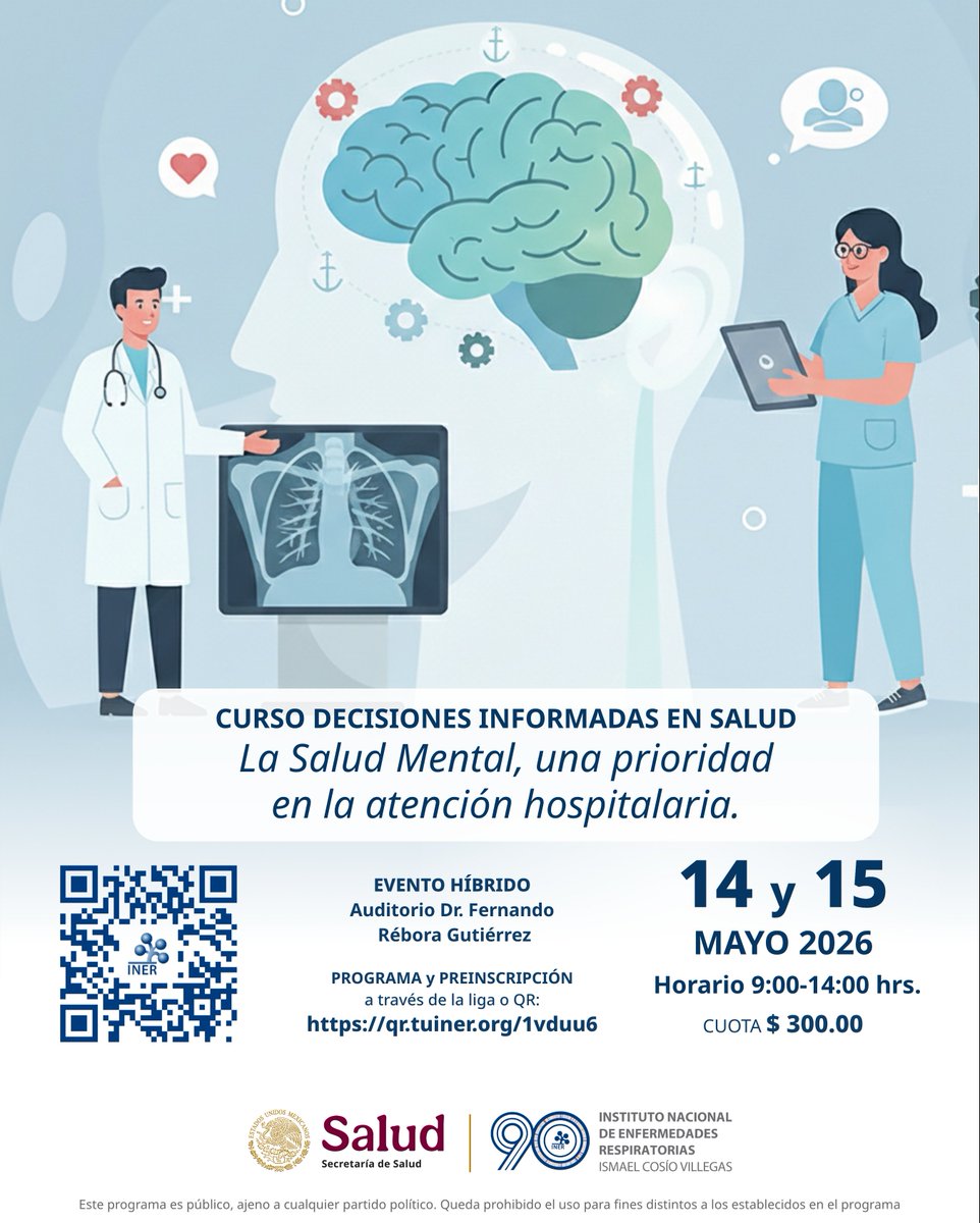 RespiraINER's tweet photo. El INER invita al Curso 𝗗𝗲𝗰𝗶𝘀𝗶𝗼𝗻𝗲𝘀 𝗜𝗻𝗳𝗼𝗿𝗺𝗮𝗱𝗮𝘀 𝗲𝗻 𝗦𝗮𝗹𝘂𝗱. 𝙇𝙖 𝙎𝙖𝙡𝙪𝙙 𝙈𝙚𝙣𝙩𝙖𝙡, 𝙪𝙣𝙖 𝙥𝙧𝙞𝙤𝙧𝙞𝙙𝙖𝙙 𝙚𝙣 𝙡𝙖 𝙖𝙩𝙚𝙣𝙘𝙞𝙤́𝙣.

📅 14 y 15 de mayo 2026
🕣 9:00 a 14:00 h
📲 Programa y preinscripción:
https://t.co/yqCoReTFli https://t.co/9vlqosRZgt