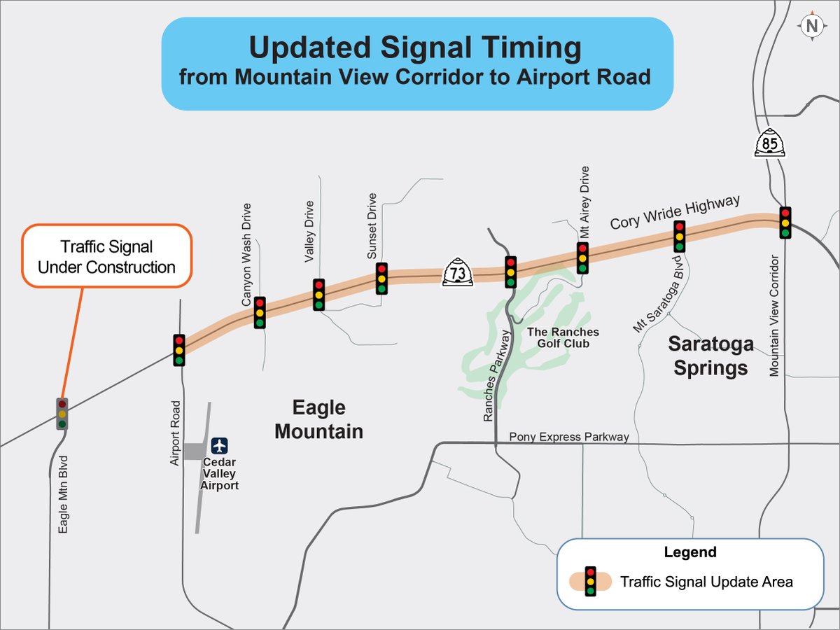 UDOTRegionthree's tweet photo. On Mon. 5/11, UDOT traffic signals will get more time on Cory Wride Hwy from Mtn. View Corridor to Airport Rd. Updates were coordinated with Saratoga Springs and Eagle Mountain to reduce congestion and improve east-west traffic flow. Learn more https://t.co/mVTOjALk1b https://t.co/jBQ1X1NGAu