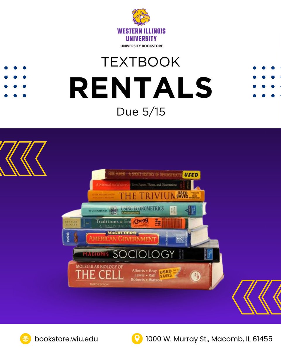 WIUBookstore's tweet photo. Rentals are due in one week. Make sure to turn them in before 5/15 to avoid late fees. If you aren't on campus, you can mail them to the address in the image. Make sure to include your name and ID number in the box. 
#wiu #wiubookstore #textbookrentals https://t.co/97297MqFhV