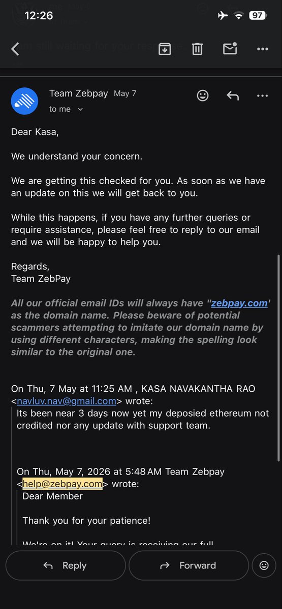 BTCGeek09's tweet photo. @zebpay  wtf why service taking soo long to resolve on deposit of ETH ITS BEEN 4 days now or scam like 2018 🤯 https://t.co/qLGI8OY3o1