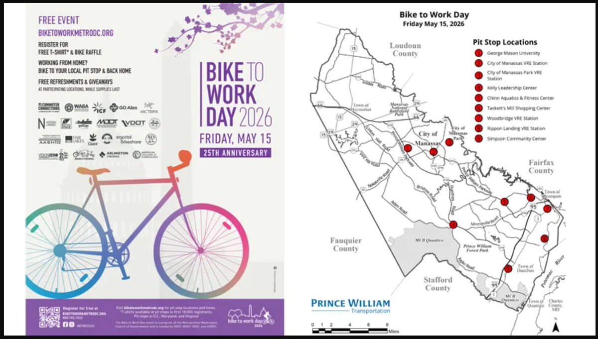 PWCounty911's tweet photo. Next Friday, May 15 is Bike to Work Day. Participants can stop by any of nine pit stops across the area for free giveaways, refreshments and activities. 
For more information, https://t.co/pzOp2FrLkS
#PWC911 https://t.co/50mxr4LI0i