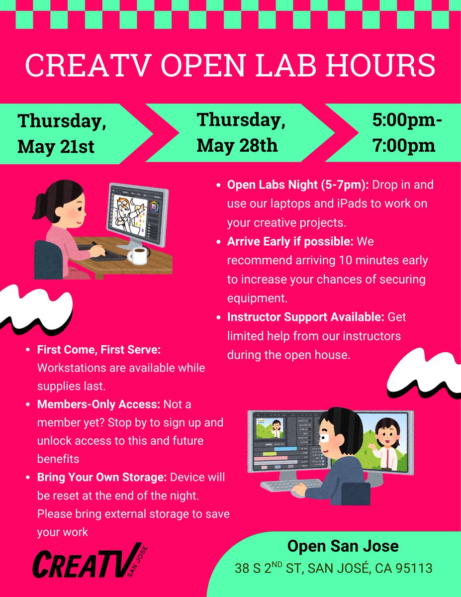 creatvsj's tweet photo. Make something tonight 
Join us for Open Labs Night (5–7 PM)!
Use our laptops + iPads, get support from instructors, and connect with fellow creatives.
⚡ Come early — spots fill up fast
🔒 Members only (join on-site)
💾 Bring storage to save your work
See you there! https://t.co/QFUMvnMs7y