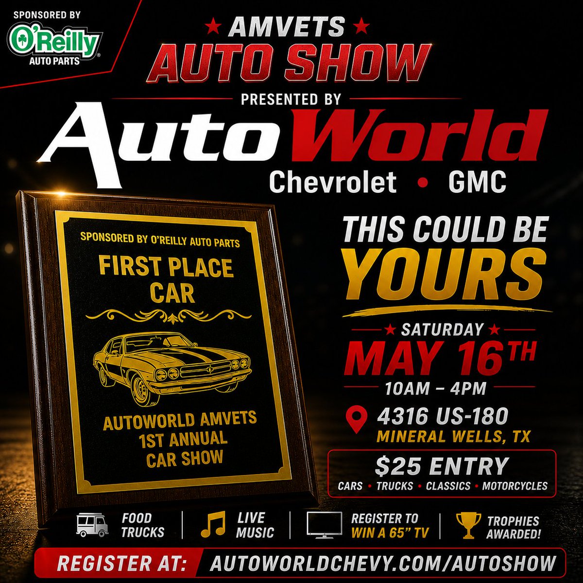 AutoWorldChevy's tweet photo. This could be yours. 🏆 Whether you’re eyeing a trophy or those prizes, the AMVETS Auto Show is where it’s at. See you May 16th at AutoWorld Chevy. 🏎️💨

Register online at https://t.co/lwIJyijWpV ✍️ https://t.co/Tn68gzfZXX