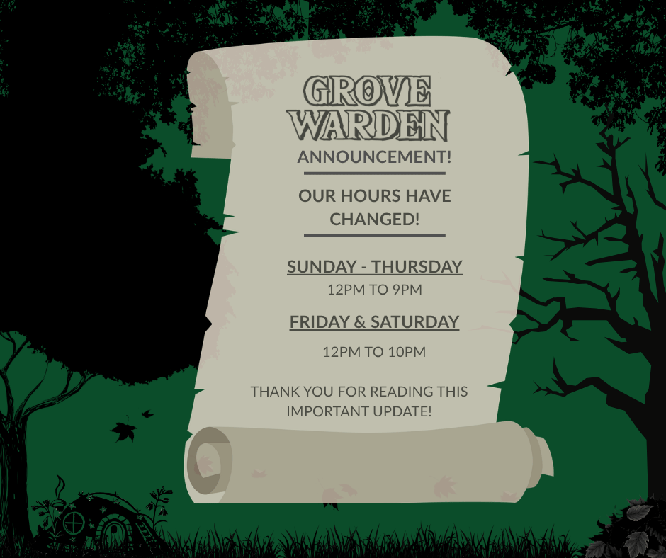 GWardenGames's tweet photo. Heads up! ⏰ We’re updating our hours starting today (May 8th)

Fri &amp; Sat now close at 10 PM (not 11)

New hours:
Sun–Thu: 12–9 PM
Fri–Sat: 12–10 PM

Thanks for understanding, late-night gamers 💚🌿 https://t.co/9KT7rufSEs