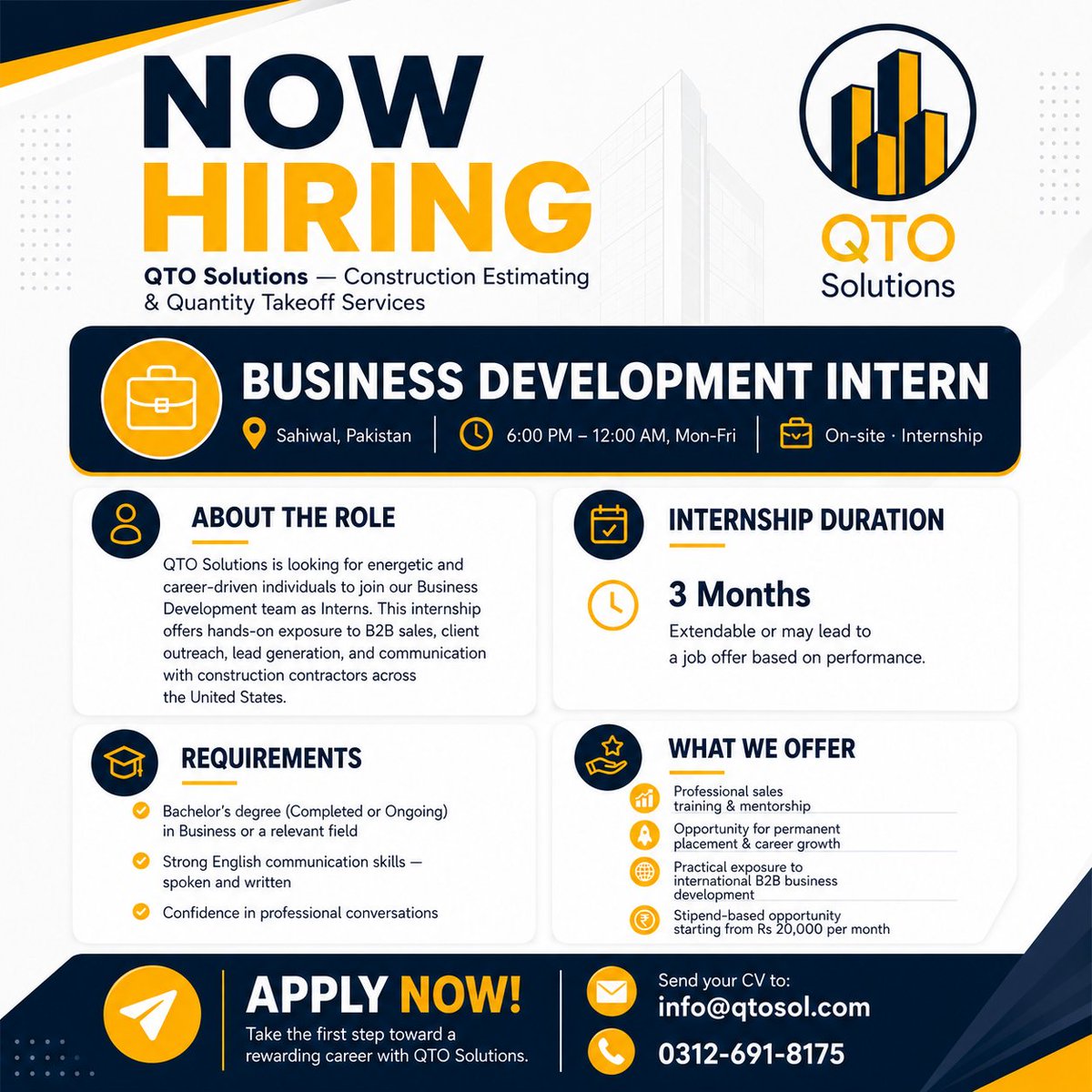 QtoSol's tweet photo. We’re Hiring Business Development Interns!

📍 Location: Sahiwal, Pakistan
🕒 Timing: 6:00 PM – 12:00 AM (Mon–Fri)
💼 Internship Type: On-site
📅 Duration: 3 Months (Opportunity for permanent placement &amp; career growth)

📩 Send your CV: info@qtosol.com
📞 Contact: 0312-6918175 https://t.co/LyEquoSGDJ