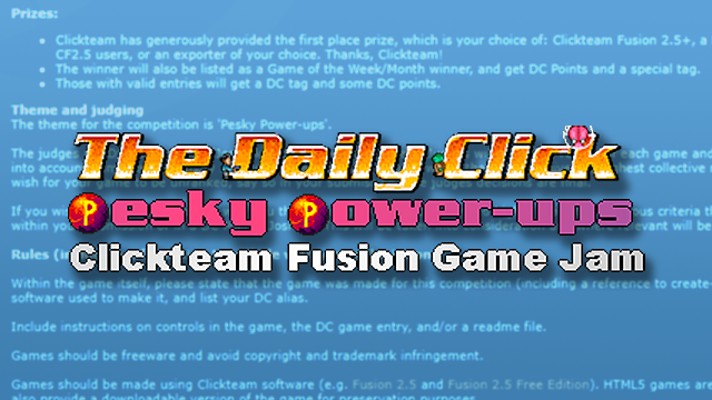 Clickteam's tweet photo. Check out the Game Jam launched yesterday on @dailyclick! With a theme of "pesky power-ups", what do you think you could come up with #MadeWithFusion #Indiedev #IWantToCreate #Clickteam

https://t.co/DJ5xpd5PIc https://t.co/Xo55UxRatC