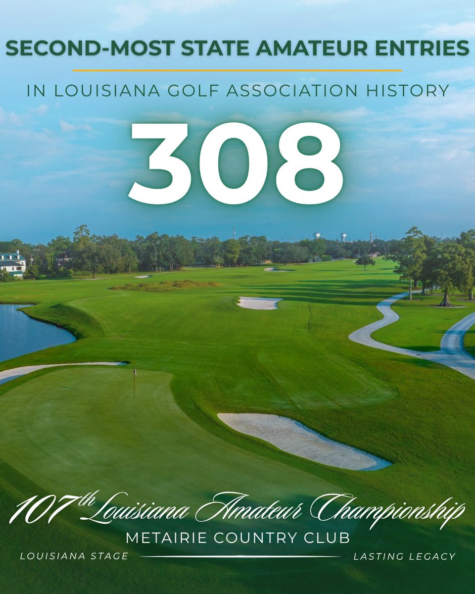 LGA1920's tweet photo. 308 entries.  ⛳

The 107th Louisiana Amateur Championship is headed to the historic Metairie Country Club with the second-most entries in tournament history! 

Click the link in our bio for the full PR and more information!

#GeauxGolf #PlayLGA https://t.co/SGWiUXyR6M