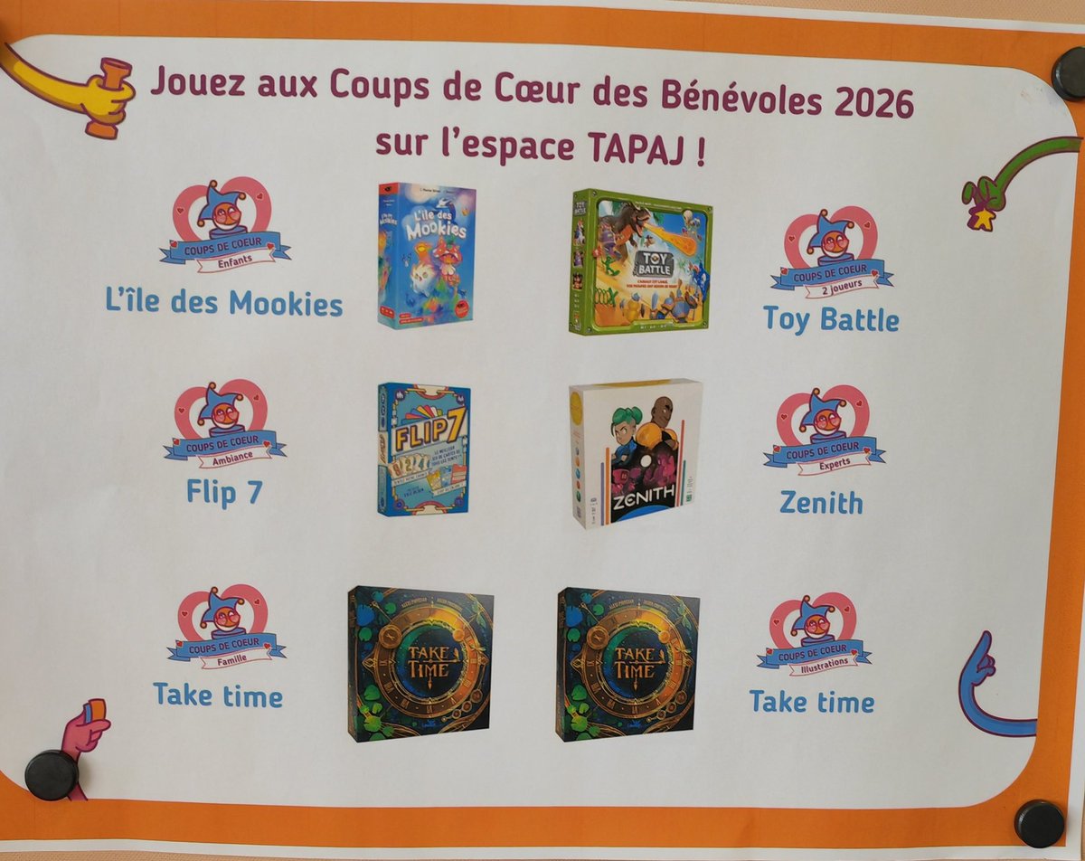 lemagdejeux's tweet photo. L'Alchimie du Jeu s'est ouverte sur les prix des bénévoles. L'île des Mookies remporte le prix du jeu Enfants, Flip Seven celui du Jeu d'ambiance, Take Time celui du Jeu Famille et des illustrations, Toy Battle le prix du jeu 2 joueurs, et enfin Zenith celui du Jeu expert ! https://t.co/tlZKtTWk1x