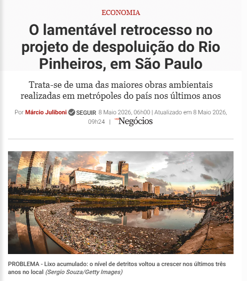 A revista Veja publicou uma matéria chamando de "lamentável retrocesso" o projeto de despoluição do Rio Pinheiros.

Lamentável é pouco.

O que está acontecendo com os rios e com a água de São Paulo é uma escolha política. Com nome e sobrenome.

🧵 Vem comigo 👇