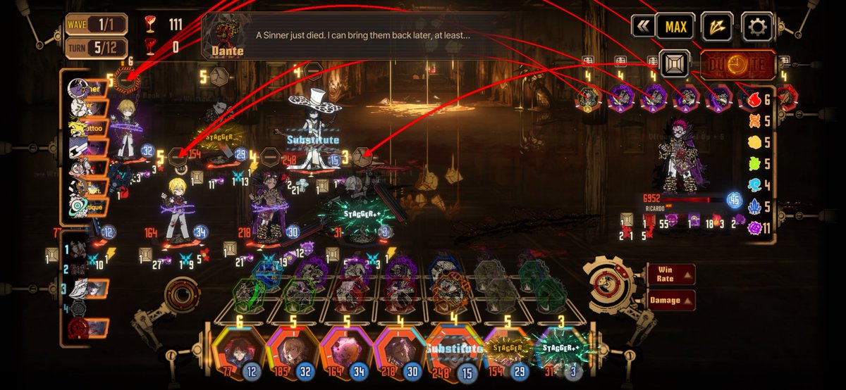 Magusaurus's tweet photo. I got him down to phase two on turn 8 once but stupidly reset on accident because of the UI. Now all my runs look like this. The real gacha is beating the RNG. https://t.co/vKhhJ6OJeH