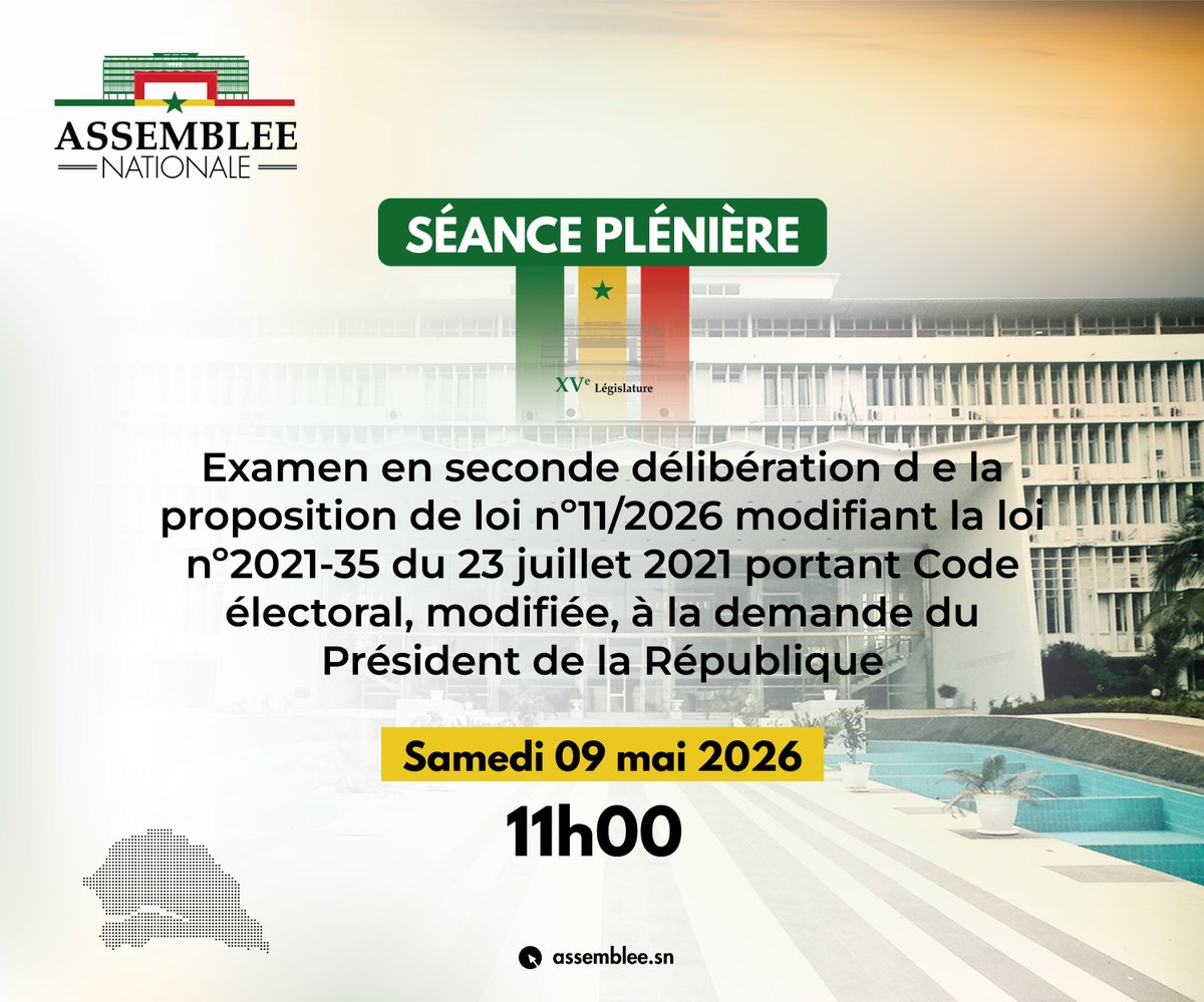 assembleesn's tweet photo. L’Assemblée nationale se réunira en séance plénière ce samedi 9 mai à 11 heures pour examiner, en seconde délibération, les articles L29 et L30 de la loi portant modification du Code électoral

#ansen https://t.co/8GL4quOgy6