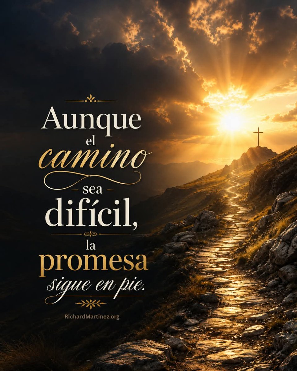 cantanterichard's tweet photo. Aunque el camino sea difícil, la promesa sigue en pie. Hay temporadas donde avanzar cuesta, donde cada paso parece pesado y el corazón se pregunta cuánto más tendrá que resistir. Pero aun en medio del cansancio, Dios sigue siendo fiel a lo que dijo.

No todos los caminos de bendición son fáciles. Algunos tienen piedras, subidas, lágrimas y silencios. Pero cuando Dios ha declarado una promesa sobre tu vida, ningún desierto, ninguna tormenta y ninguna batalla puede cancelarla.

A veces el proceso parece más grande que la esperanza, pero la fe nos recuerda que Dios no abandona lo que comenzó. Él camina contigo en lo alto de la montaña y también en los valles oscuros, guiando tus pasos aunque no entiendas el rumbo.

La dificultad no significa que Dios se fue; muchas veces significa que Él está fortaleciendo tu carácter para recibir lo que viene. Cada prueba puede convertirse en preparación, cada espera en enseñanza y cada lágrima en testimonio.

Sigue caminando, aunque el camino parezca largo. No sueltes la promesa por el peso del momento. Lo que Dios habló permanece firme, porque Su palabra no depende de tus fuerzas, sino de Su fidelidad eterna.

Hoy levanta tu mirada y confía: el camino puede ser difícil, pero la promesa sigue viva. Dios abrirá paso donde no lo hay, renovará tus fuerzas y te llevará al lugar que preparó para ti.

📖 Referencia bíblica: “Fiel es el que os llama, el cual también lo hará.” — 1 Tesalonicenses 5:24
#motivationalquote