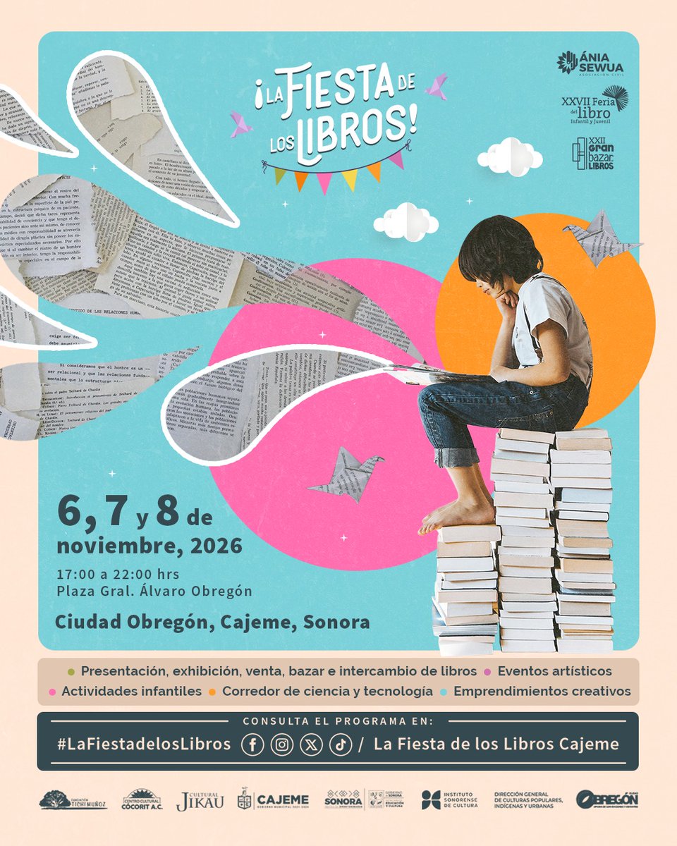 filcajeme's tweet photo. 𝗬𝗮 𝗲𝘀 𝗼𝗳𝗶𝗰𝗶𝗮𝗹 
𝗟𝗮 𝗙𝗶𝗲𝘀𝘁𝗮 𝗱𝗲 𝗹𝗼𝘀 𝗟𝗶𝗯𝗿𝗼𝘀 regresa este 𝟲, 𝟳 𝘆 𝟴 𝗱𝗲 𝗻𝗼𝘃𝗶𝗲𝗺𝗯𝗿𝗲 a la Plaza Álvaro Obregón.
Tres días para encontrarnos entre historias, lectores, concursos, arte y muchísimos libros https://t.co/YS8nnNmQYX