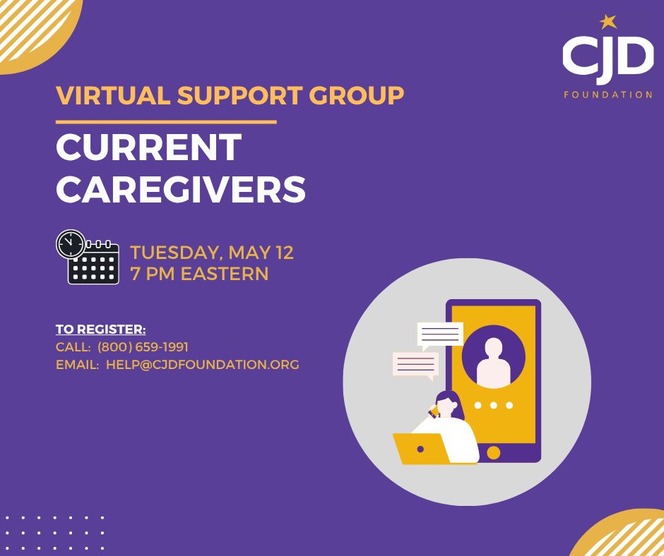 CJDFoundation's tweet photo. There are 2 more virtual support groups this month:
May 12 @ 7pm ET: Current Caregiver Virtual Support Group
May 19 @ 6pm PT: Western Region Virtual Support Group

To register, email help@cjdfoundation.org or call our Helpline at 1-800-659-1991. https://t.co/55BtOmbwmv