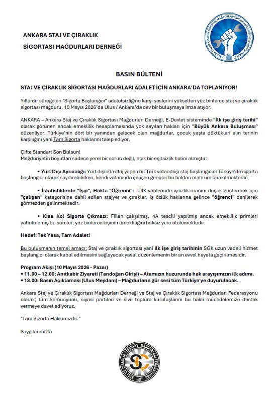 ANKSTAJCIRAK's tweet photo. 10 Mayıs’ta Halkın Çocuklarının Yanında Olun‼️

@herkesicinCHP 
@iyiparti 
@rprefahpartisi 
@anahtarparti 
@GelecekPartiTR 
@devapartisi 
@SaadetPartisi 
@DSPGenelMerkez 
@_DemokratParti 
@zaferpartisi 
@eczozgurozel 
@MDervisogluTR 
@erbakanfatih 
@yavuzagiraliog 
@Ahmet_Davutoglu 
@alibabacan 
@mahmutarikansp 
@OnderAksakal 
@DpGultekinUysal 
@umitozdag 
@fethigurer 
@cenginyurt52 
@melih_meric 
@kanko_muhip 
@MTanal 
@55erhanusta 
@goklevent 
@bulenttezcanchp 
@Akif_Hamzacebi 
@MSTanrikulu 
@ednanarslanchp 
@AliKevenYozgat 
@sgirgin48tbmm 
@kilicdarogluk 
@nurhayataltaca 
@enginaltaychp 
@LutfuTurkkan 
@ComezTurhan 
@ayyuceturkestas
@Hayaticetin40 
@HassanBiLiCi  
@senolsunat 
@ma_cenkci 
@BKocamaz33 
@YS_Turkoglu 
@DoganBekin 
@mehemmed19 
@suatkilic 
@muratsahin2023

Bizler bu ülkenin fabrikalarında, atölyelerinde, iş yerlerinde genç yaşta emek vermiş staj ve çıraklık mağdurlarıyız. 

Yıllarca çalıştık, ürettik, alın teri döktük. Ama bugün hâlâ hakkımız olanı almak için mücadele etmek zorunda bırakılıyoruz.

10 Mayıs Pazar günü Ulus Ankara’da sadece kendi hakkımız için değil, adalet için, emek için, yıllardır görmezden gelinen milyonların sesi olmak için bir araya geleceğiz.

Muhalefet partilerine sesleniyoruz;
Bu mücadelede yanımızda olun.

Sesimizi Meclis’te duyurduğunuz gibi meydanlarda da duyurun.

Bizleri yalnız bırakmayın.

Adalet talebimize destek verin.

Bugün verilecek destek sadece staj ve çıraklık mağdurlarına değil, emeğin değerine, sosyal adalete ve halkın alın terine verilmiş bir destek olacaktır.

10 Mayıs Pazar günü omuz omuza olalım.

Çünkü bu mesele siyaset üstüdür.

Bu mesele milyonların hakkını teslim etme meselesidir.

10 Mayıs Pazar
#UlusdaOl
#StajyerÇırakHakArayacak
