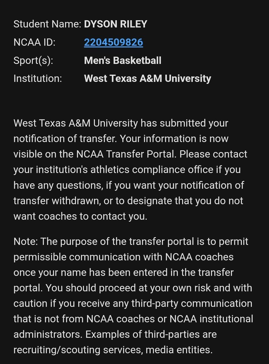 dysonriley25's tweet photo. After redshirtting at West Texas A&amp;M, I am officially in the portal with 4 years of eligibility remaining. https://t.co/DrdzU1ZsLd