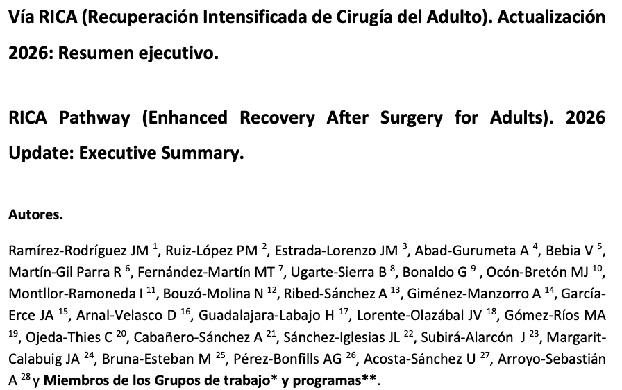 AbadGurumeta's tweet photo. Aceptado en @_REDAR_  el Resumen ejecutivo de la Vía RICA de Recuperación Intensificada de Cirugía del Adulto 2026

https://t.co/MkOJSa7rdE 

Orgullo de equipo multidisciplinar @germ_red @GermFTsurgery @sedar_es @aneabadm @Lorena_Varela_R @jv_lorente @mjcolomina @argente_pilar https://t.co/mByWTnQAGe