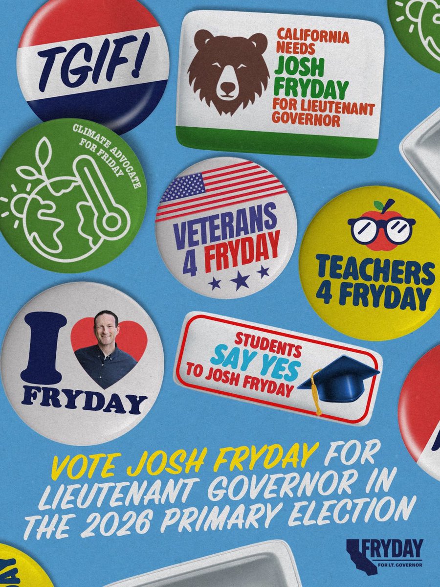 sushbushi's tweet photo. The California Primary election is here! I’m proud to support Josh Fryday for Lieutenant Governor.

He’s fighting to protect our climate, support our teachers, expand service programs, and fight back against Donald Trump. https://t.co/Dyd9G6KBgl