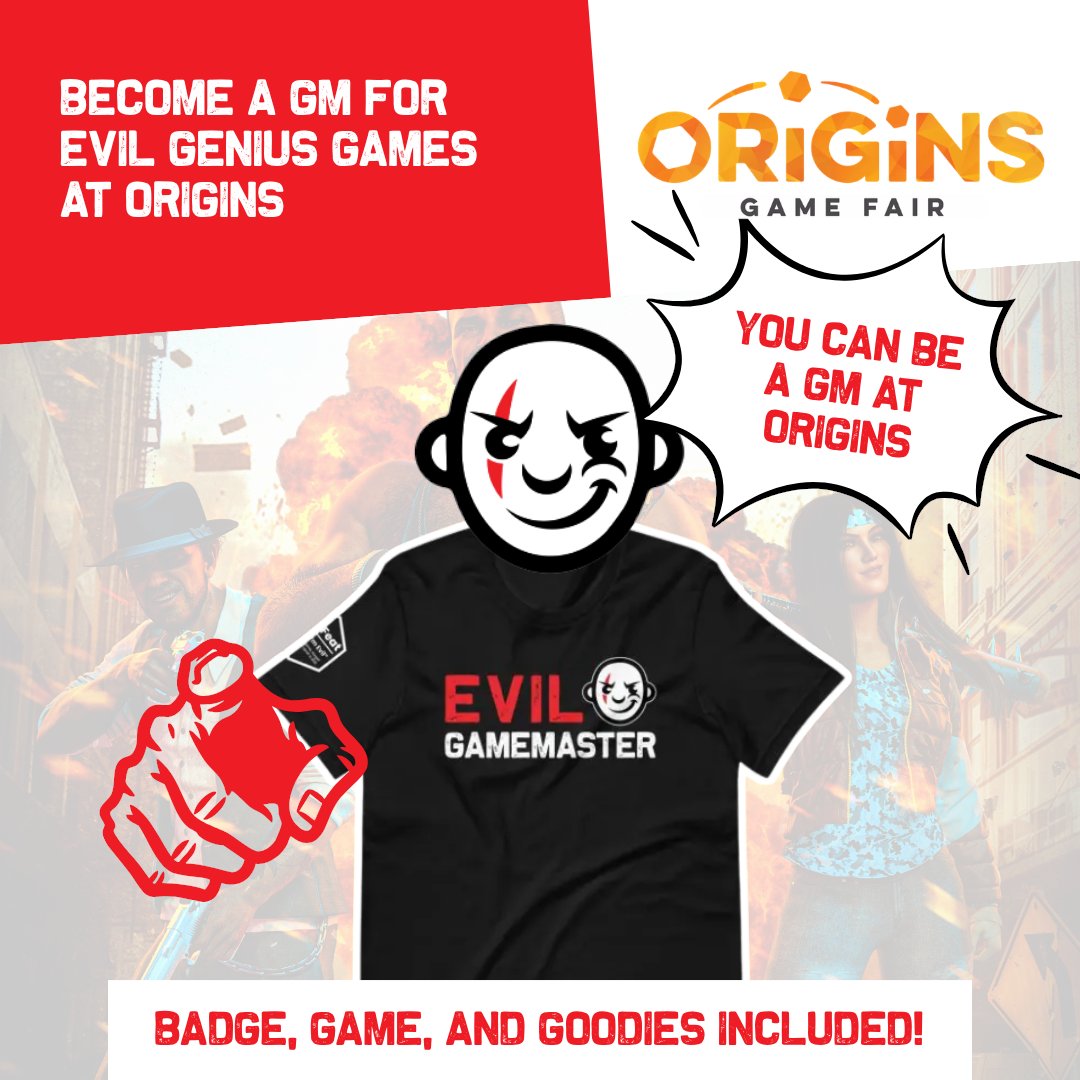EvilGeniusGames's tweet photo. Become a volunteer GM for Everyday Heroes at Origins Game Fair! Receive your badge, an “Evil Gamemaster” t-shirt, and more from Evil Genius Games. We have a few slots still available, so act now and contact events@evilgeniusgaming.com if interested! https://t.co/26NnNTeUgX