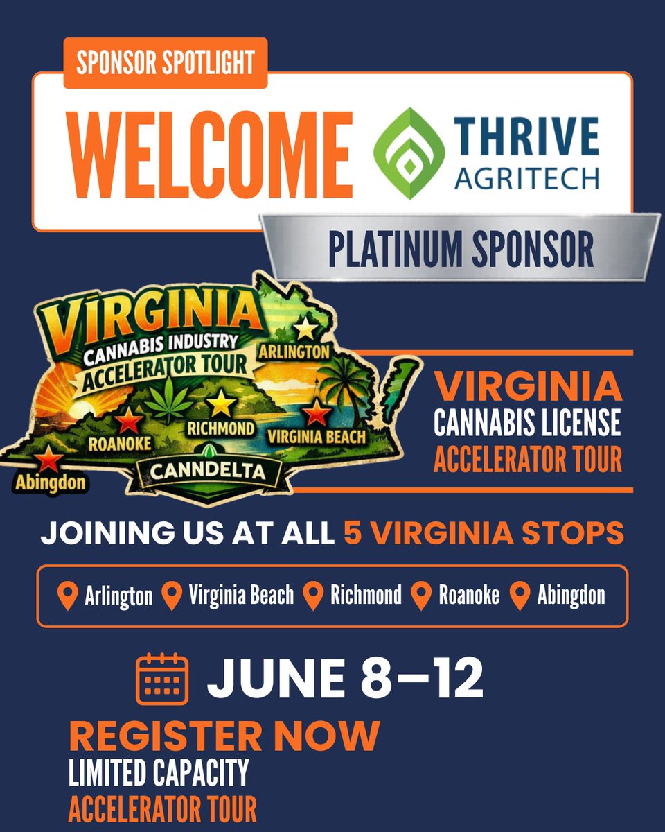 CannDelta's tweet photo. We are proud to partner with Thrive Agritech for the Virginia License Accelerator Tour! 

Their focus on integrated facility design and future-proof compliance is exactly what Virginia’s new operators need to succeed.

Register NOW:
https://t.co/0Wmepq9guw https://t.co/xmOd302irW