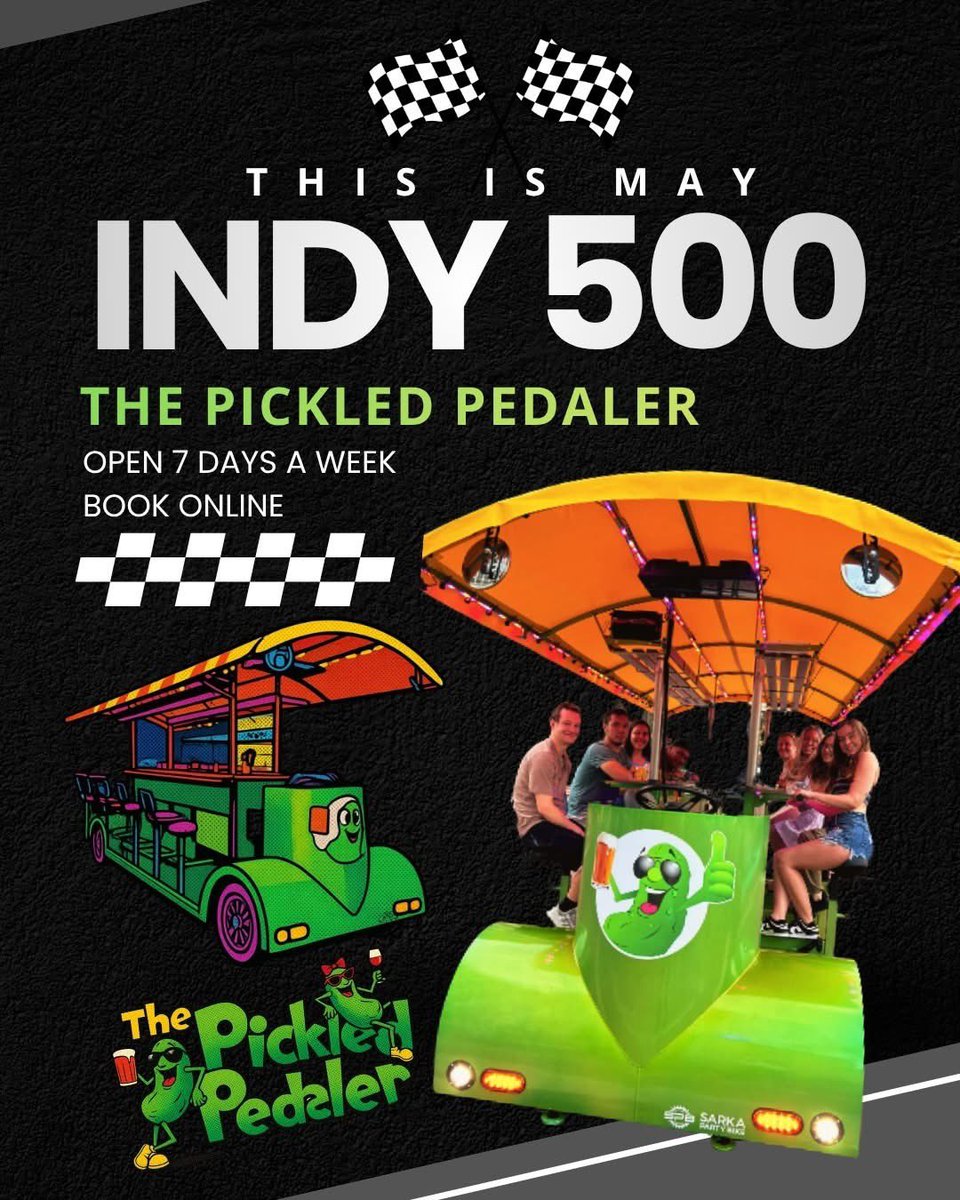 PickledPedaler's tweet photo. IT'S THE MOST WONDERFUL TIME OF THE YEAR 🏁🍻
Book your ride + save your seat at https://t.co/WtSDUbdy51 😎

#Indy500  #raceday #indianathings #do317 #racedayfun #RaceDayExperience #partytime #partyrentals #thingstodoindy  #pickledpedaler #pickled #thisismay #RaceWeekend https://t.co/f5cMRLA48M