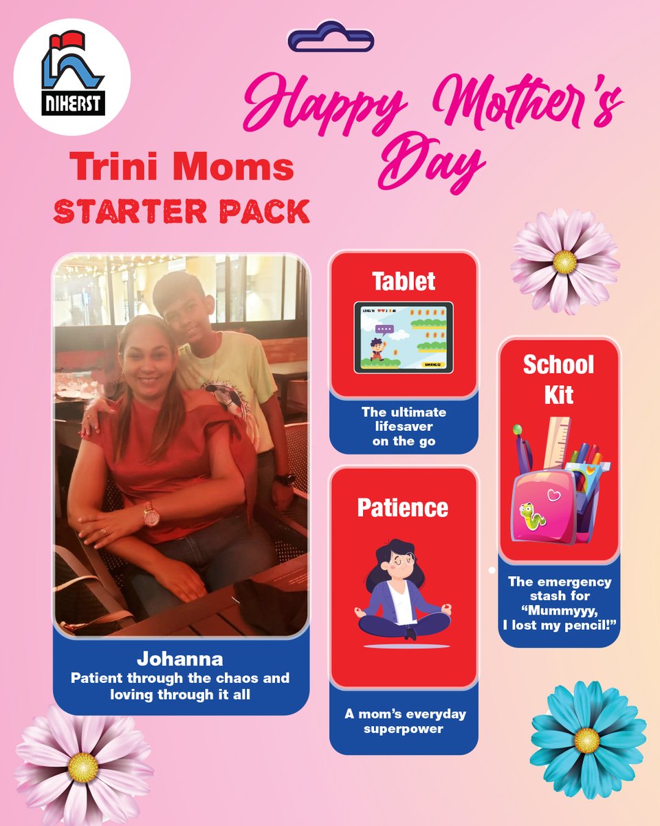 NIHERST's tweet photo. 💐 Happy Mother’s Day from NIHERST 💐
Today, we celebrate the incredible women whose love, strength, guidance and sacrifice help shape families and communities every single day. ❤️
This Mother’s Day, some of the amazing moms at NIHERST shared their own “Trini Mom Starter Packs”✨ https://t.co/tKVDNLcRsG