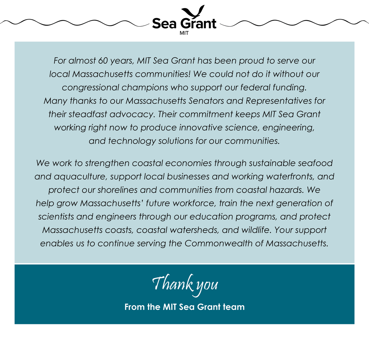 MITSeaGrant's tweet photo. For almost 60 years, MIT Sea Grant has been proud to serve local Massachusetts communities! We could not do it without our congressional champions who support our federal funding. Many thanks to our Massachusetts Senators and Representatives. https://t.co/YtnnMAJxmi
