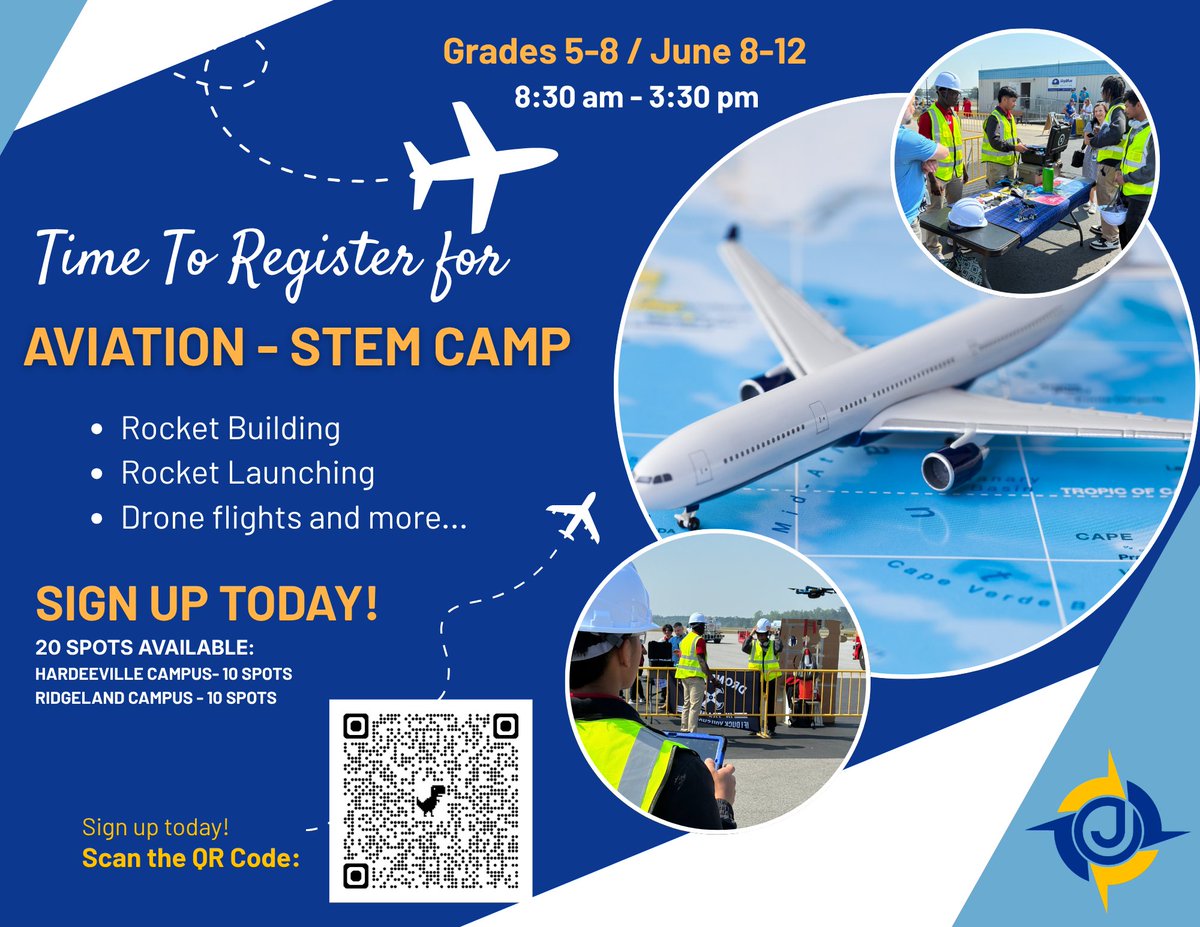 JCSD_SC's tweet photo. 🚀✈️ Time to Register for Aviation STEM Camp! ✈️🚀

Students in grades 5–8 are invited to an exciting week of hands-on learning, creativity, and fun during our Aviation STEM Camp, happening June 8–12 from 8:30 a.m. – 3:30 p.m.!

Camp activities include:
🔹 https://t.co/FTPAImXoGT