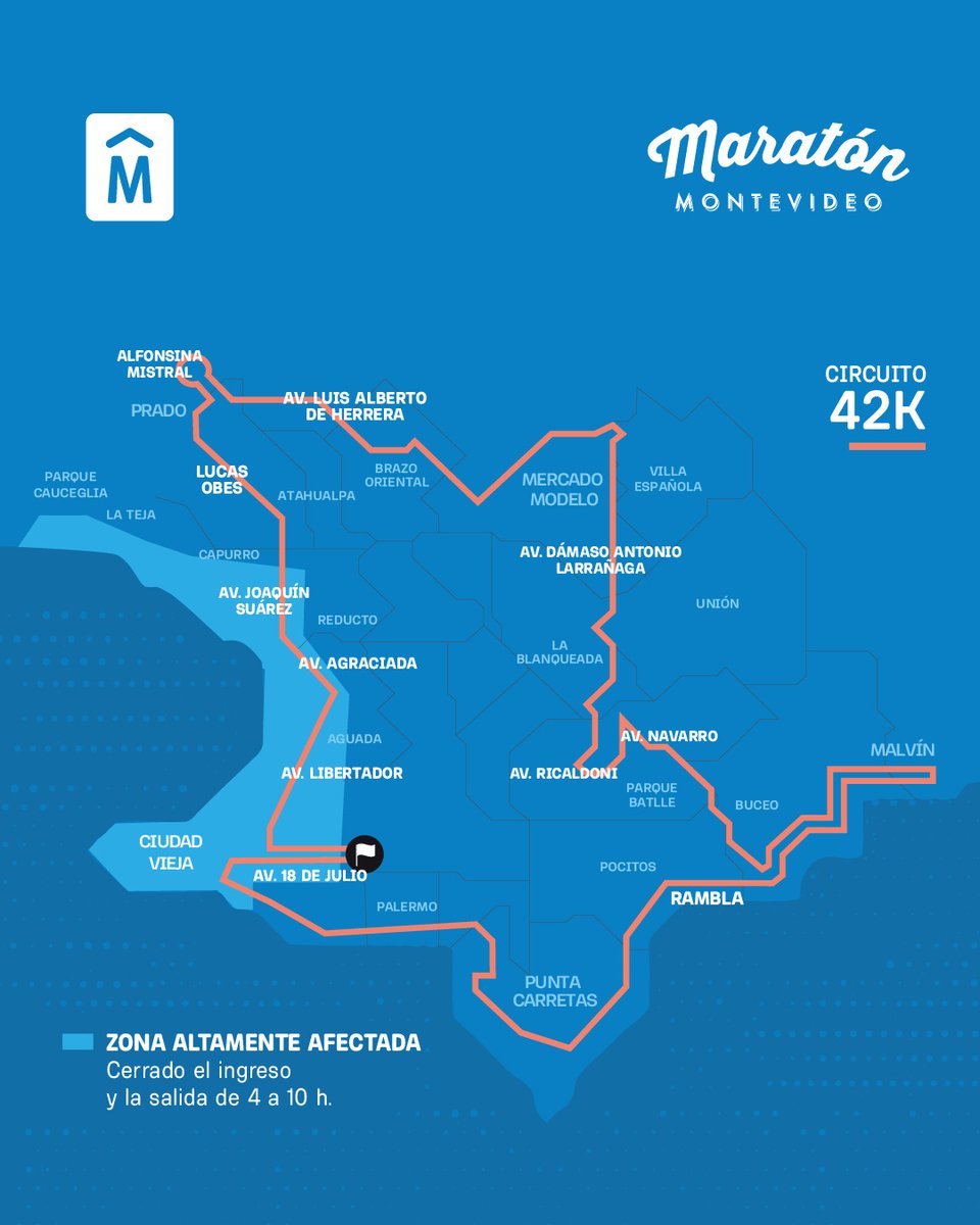 imtransito's tweet photo. 🏃‍♀️La Maratón de Montevideo 2026 será este domingo 10 de mayo y recorrerá más de 20 barrios.

🚧 El sábado 9 de mayo quedará cortada 18 de julio entre Vázquez y Yaguarón, desde la hora 8, por el armado de la zona de largada. https://t.co/9QmMcTrUyn