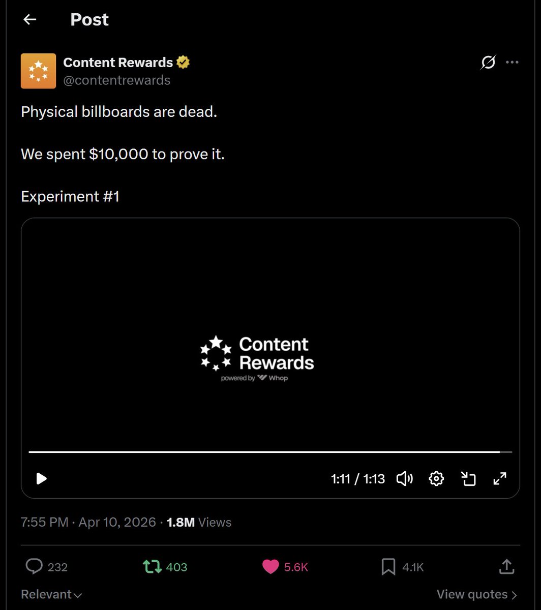 alexander_ugcw's tweet photo. I think this is without question the best ad that I've ever seen https://t.co/drxBlanfwK

For those who missed this absolute piece of art: this was made by @contentrewards, the biggest clipping and UGC marketplace on @whop 

WHOP built Content Rewards, then handed it off to a dedicated team to run in late 2024, they've been scaling ever since and I am talking to them right now

Here's the insider info their Head of Brands told me last month:

They posted THAT ONE piece of content and got an even bigger wave of inbound than they were already seeing (highly recommend checking this out btw, really well made ad, not joking)

We're talking 500 brands a week booking calls with their sales team

And 99.9% of those brands are asking for UGC

Companies like @Replit and https://t.co/Z7O2uCmm7I are coming through their pipeline with no creators to fulfill it

We're cooking up something big with them, the magnitudes of which have not been seen by the industry yet

Right now we are onboarding our own creators onto their Content Rewards campaigns first, then once we've run those campaigns we'll scale from there
I believe we're one of the first, if not THE FIRST agency to run purely UGC CPM campaigns (not clipping) and partner with them o.o