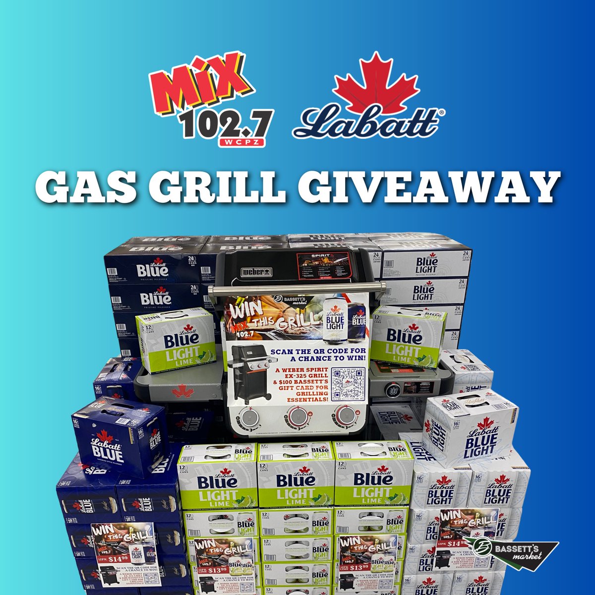 mix1027's tweet photo. Mix 102.7 teamed up with Labatt USA to give you the chance to win a WEBER Gas Grill plus a $100 Bassett's Market gift card. Grill out all summer long while enjoying an ice-cold Labatt Blue or Labatt Blue Light Enter here: https://t.co/LcGgM4ijPQ https://t.co/ovL9sahORh
