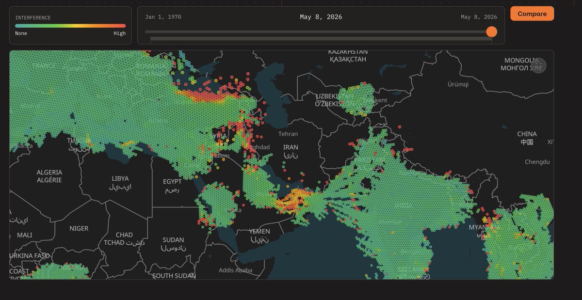 yenalmh's tweet photo. Heavy GPS jamming across the Gulf. Spreading into Iraq. Parts of Iran.

This isn't normal. This is what active airspace conflict looks like from @wingbits original data. 

We're watching it live.. 

https://t.co/bu5GSavCjO

#aviation #GPSjamming #MiddleEast #avgeek https://t.co/onsI4wFeew