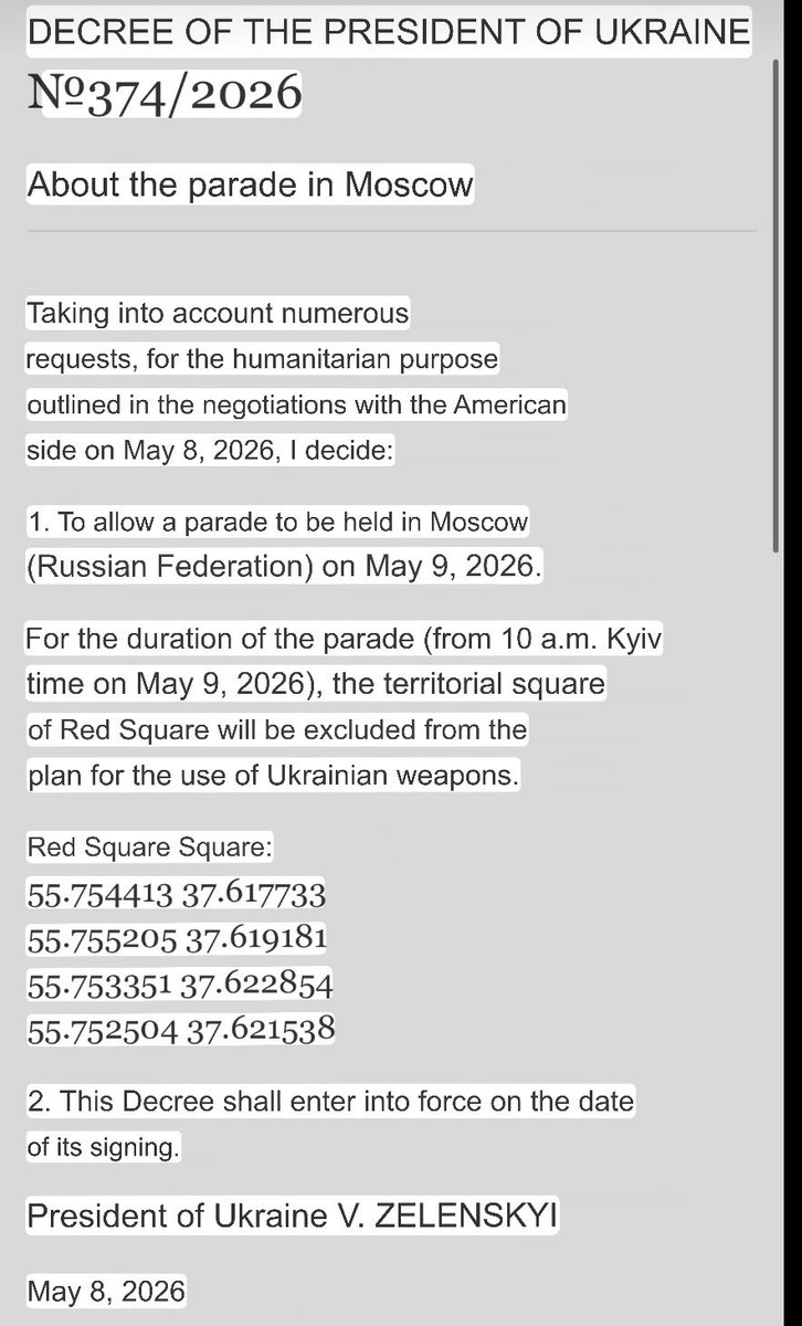 maria_drutska's tweet photo. HAHAHAHAHA

❗️OFFICIAL: Zelensky has granted permission for Russia to hold its pathetic parade on Red Square.

(It’s not AI, the decree is on the President’s official website) https://t.co/700H8csZ6G